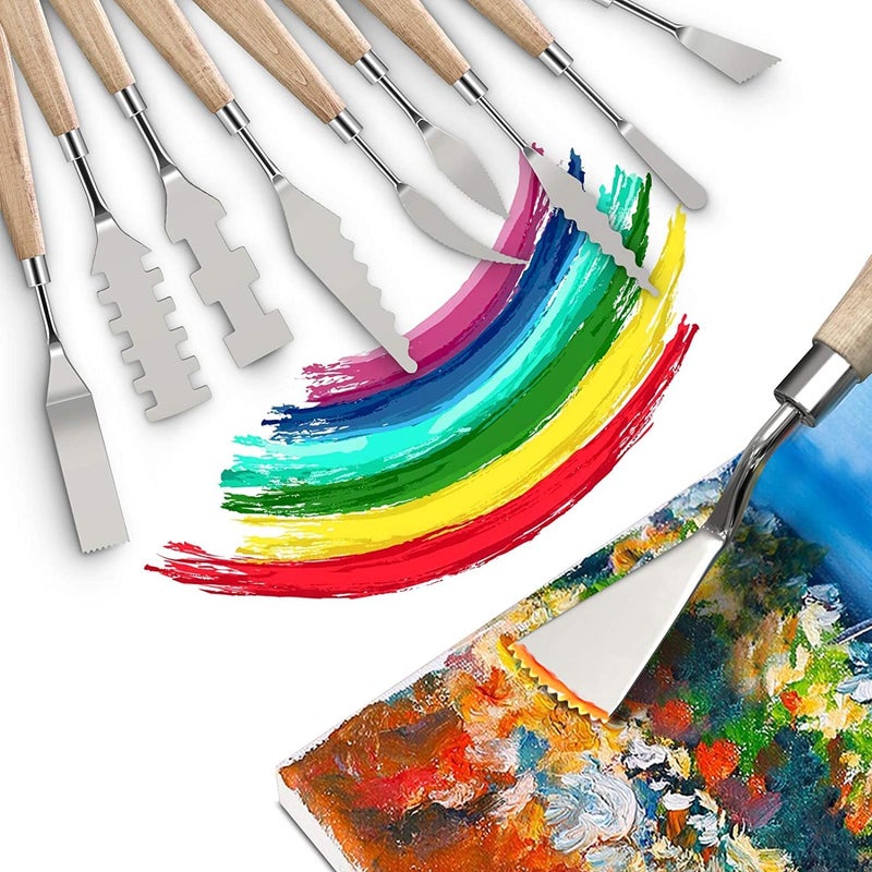 53ARTS 10 Pieces Painting Knives with Wood Grip Handle Stainless Steel Palette Knife Set Oil Painting Metal Knives Color Mixing Scraper Painting Art - Image 5