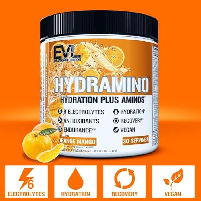 Evlution Nutrition HYDRAMINO Complete Hydration Multiplier, All 6 Electrolytes, Vitamin C & B, Fluid Boosting Aminos, Coconut Water, Endurance, Recovery, Antioxidants, 30 Serve, Orange Mango - Image 4
