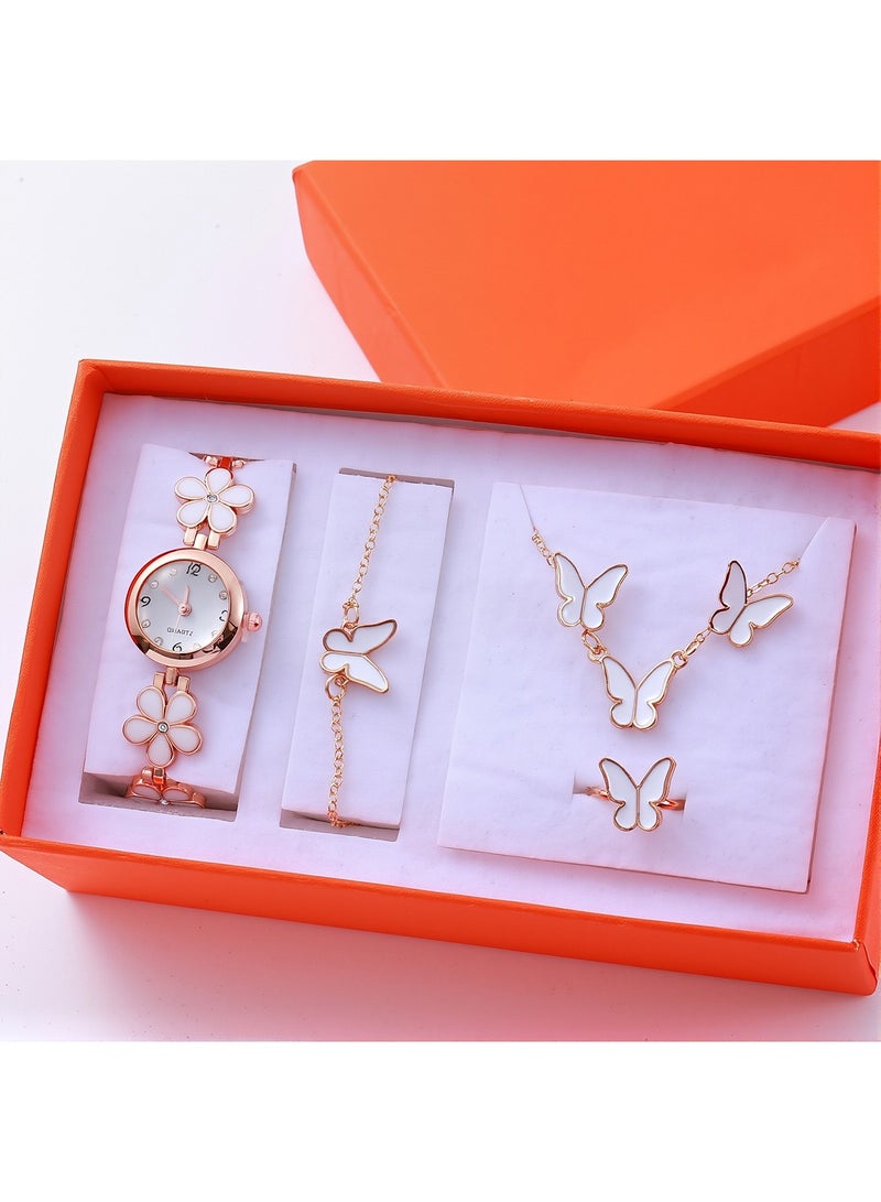 طقم ساعة نسائية ذهبية كوارتز – ساعة بسوار زهري أبيض مع مجوهرات على شكل فراشة – هدية أنيقة للبنات والنساء - Image 1