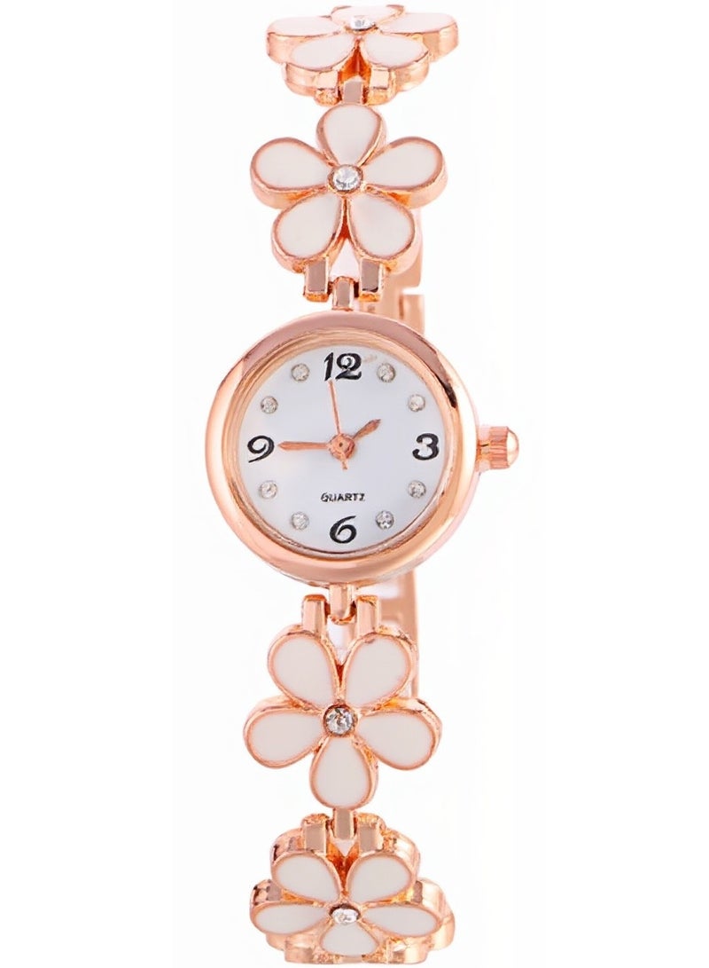 طقم ساعة نسائية ذهبية كوارتز – ساعة بسوار زهري أبيض مع مجوهرات على شكل فراشة – هدية أنيقة للبنات والنساء - Image 2