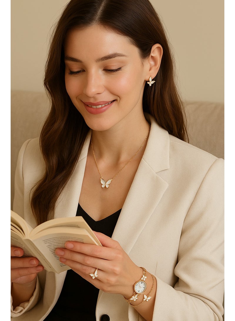 طقم ساعة نسائية ذهبية كوارتز – ساعة بسوار زهري أبيض مع مجوهرات على شكل فراشة – هدية أنيقة للبنات والنساء - Image 5