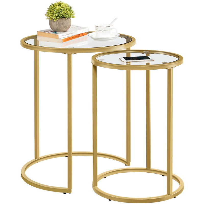 Yaheetech Round Nesting Coffee Tables Set of 2 Glass Top Side Table End Tables with Metal Frame for Living Room Bedroom Office Gold