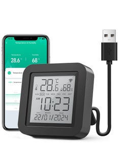 SYOSI Smart Indoor Thermometer Room Hygrometer, WIFI Remote Control Digital Hygrometer High Accuracy, Backlight Large Screen, Rechargeable Hygrometer, Low Power Indicator dor Home Nursery/Greenhouse, Black  - Image 1