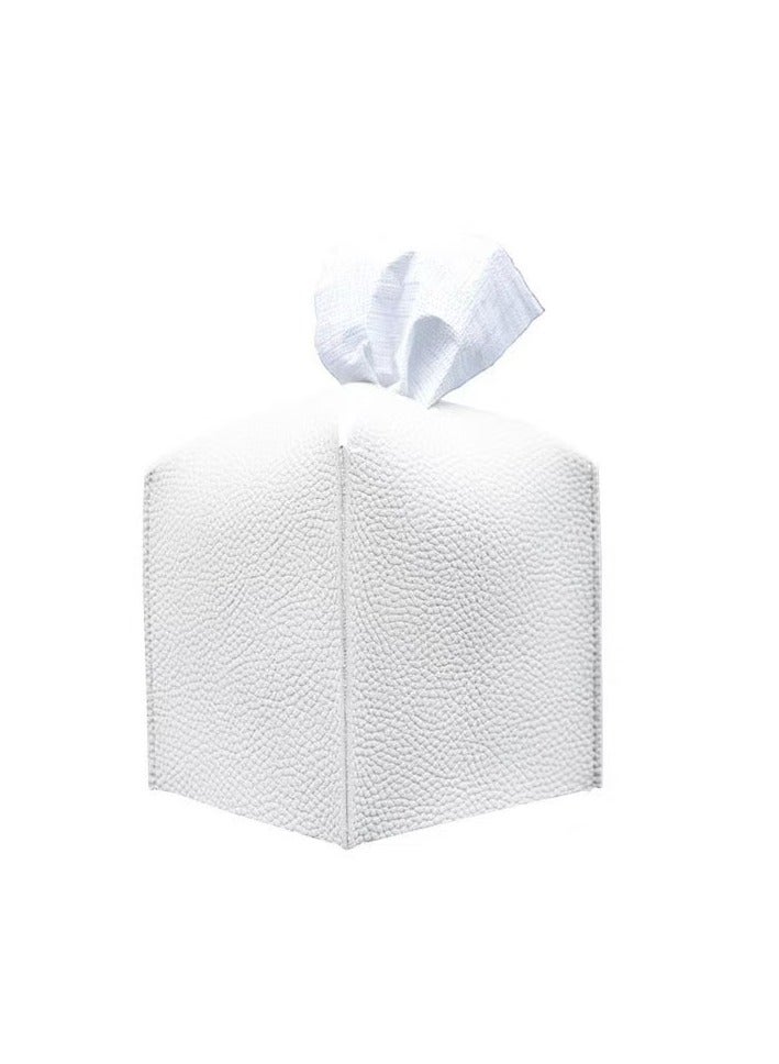 حامل علبة مناديل مربع مع شريط سفلي - صندوق تخزين مزخرف من جلد البولي يوريثان لسطح المكتب والحمام والسيارة والمكتب | أبيض