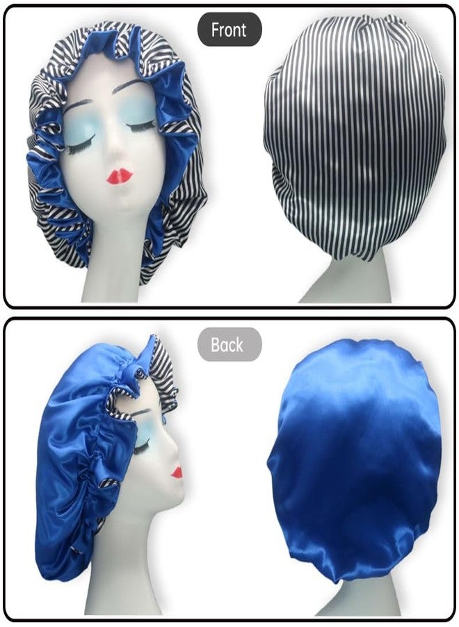 Hanbertti 2 Packs Double Layers Satin Sleeping Bonnet Adjustable Satin Hat Silk Bonnet Reusable Bath Hair Cap for Curly Hair（Stripe+Golden) - Image 2