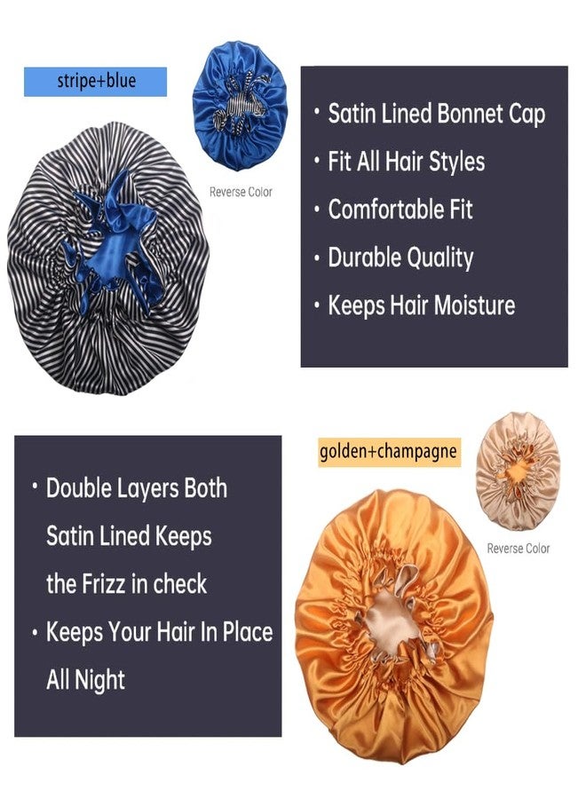 Hanbertti 2 Packs Double Layers Satin Sleeping Bonnet Adjustable Satin Hat Silk Bonnet Reusable Bath Hair Cap for Curly Hair（Stripe+Golden) - Image 4