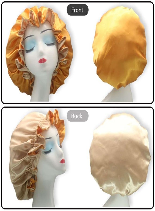 Hanbertti 2 Packs Double Layers Satin Sleeping Bonnet Adjustable Satin Hat Silk Bonnet Reusable Bath Hair Cap for Curly Hair（Stripe+Golden) - Image 3