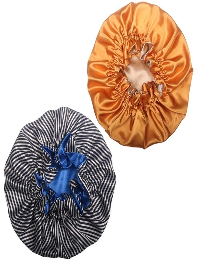 Hanbertti 2 Packs Double Layers Satin Sleeping Bonnet Adjustable Satin Hat Silk Bonnet Reusable Bath Hair Cap for Curly Hair（Stripe+Golden) - Image 1