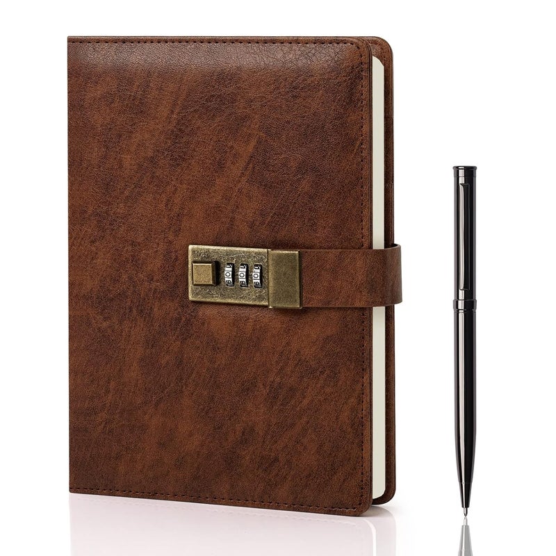 WEMATE Diary with Lock, A5 PU Leather Journal with Lock 240 Pages, Vintage Locks Journal Password Notebook with Pen, Locks Diary Planner Organizer for Men and Women, 8.6x5.8in Brown - Image 1