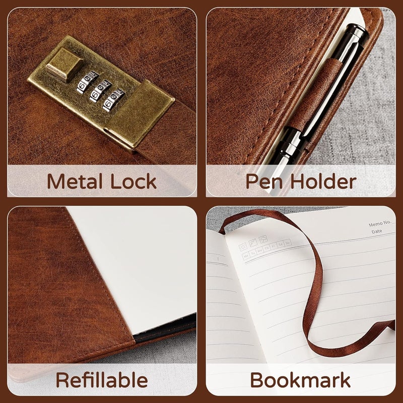 WEMATE Diary with Lock, A5 PU Leather Journal with Lock 240 Pages, Vintage Locks Journal Password Notebook with Pen, Locks Diary Planner Organizer for Men and Women, 8.6x5.8in Brown - Image 3