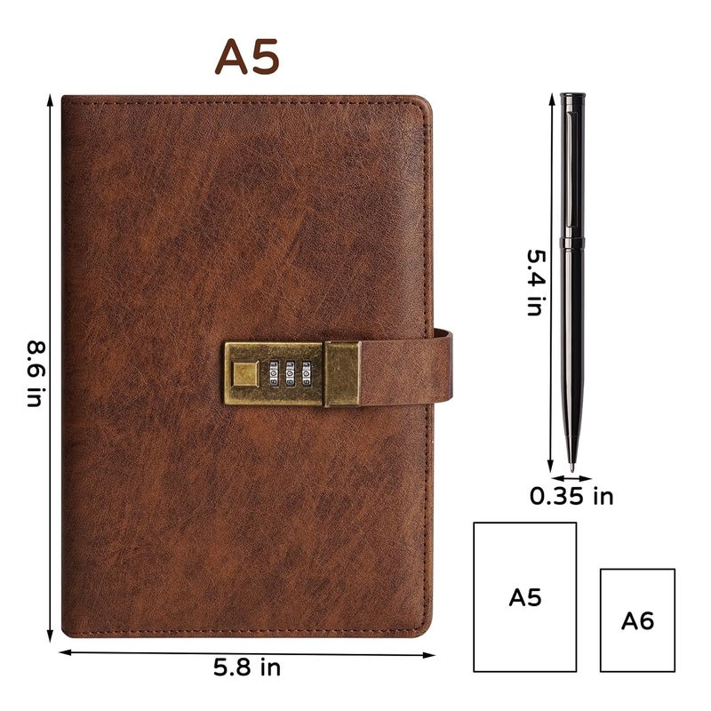 WEMATE Diary with Lock, A5 PU Leather Journal with Lock 240 Pages, Vintage Locks Journal Password Notebook with Pen, Locks Diary Planner Organizer for Men and Women, 8.6x5.8in Brown - Image 4