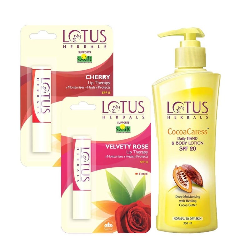 LOTUS HERBALS Lotus Herbals Winter Kit Cocoacaress Daily Hand  Body Lotion_250ml  Cherry Lip Therapy_35g  Velvety Rose Lip Therapy_35g Set Of 3 