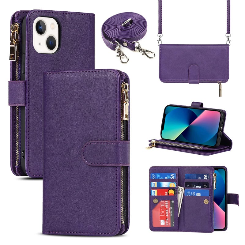 Jaorty for iPhone 13/14 Phone Case Wallet for Women Men with Card Holder,for iPhone 14 Crossbody Case with Strap Shoulder Lanyard, Zipper Pocket PU Leather Cases Purse for iPhone 13,6.1 Inch Purple - Image 1