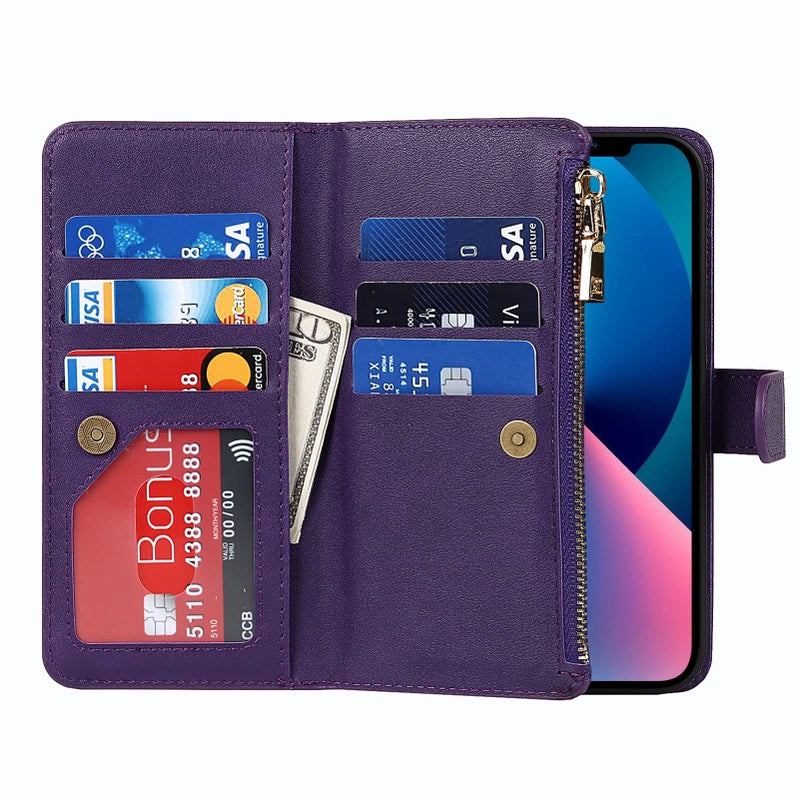 Jaorty for iPhone 13/14 Phone Case Wallet for Women Men with Card Holder,for iPhone 14 Crossbody Case with Strap Shoulder Lanyard, Zipper Pocket PU Leather Cases Purse for iPhone 13,6.1 Inch Purple - Image 5