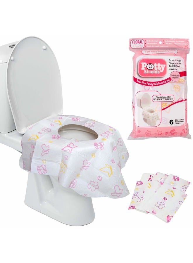Potty Shields Toilet Seat Covers Disposable (6 Pack, Floral) - XL Waterproof Toilet Cover for Toddlers, Kids & Adults - Portable & Individually Wrapped for Travel, Training & Public Restrooms - Image 1
