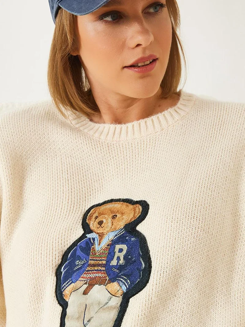 Bianco Lucci Beige Natural LUCCI Embroidered Oversized Crew Neck Sweater for Women | Best Price UAE