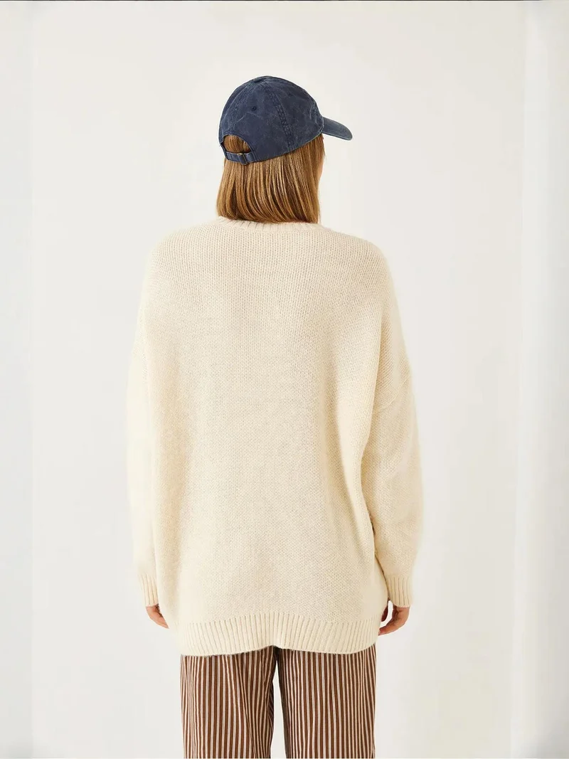 Bianco Lucci Beige Natural LUCCI Embroidered Oversized Crew Neck Sweater for Women | Best Price UAE