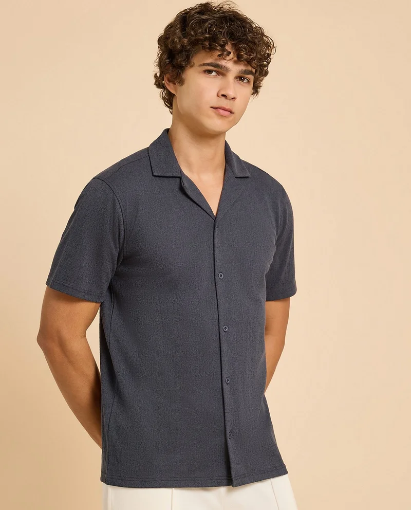أر أند بي Textured Shirt with Revere Collar and Short Sleeves