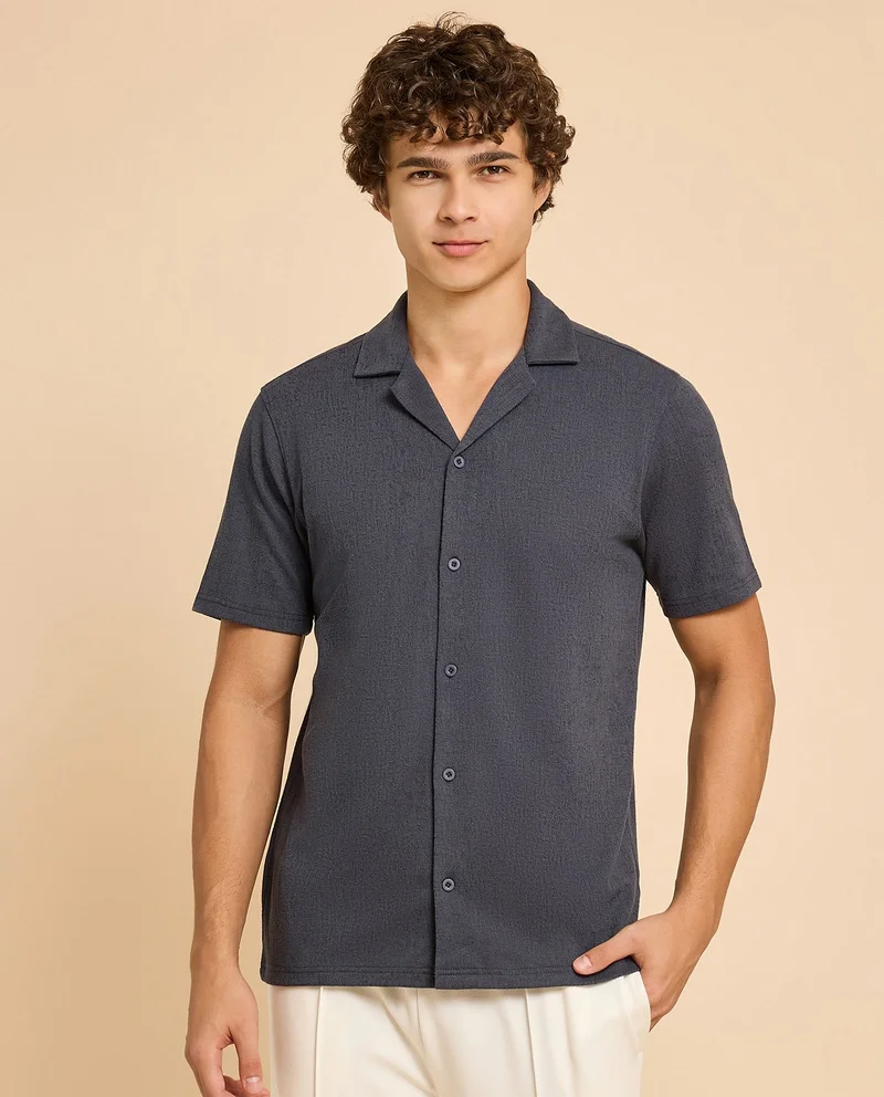 أر أند بي Textured Shirt with Revere Collar and Short Sleeves