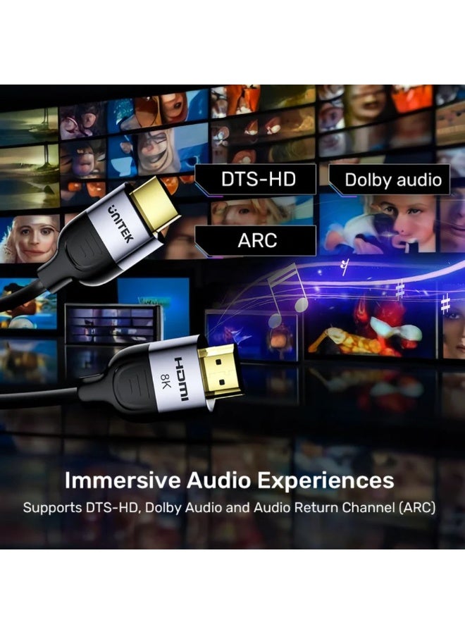 Unitek Gaming 8K@60Hz HDMI 2.1 Cable 3 Meters – Ultra High Speed Braided HDMI Cable Supporting 4K@120Hz, HDR, eARC, Dolby Vision & Atmos – Black & Space Grey - Image 4