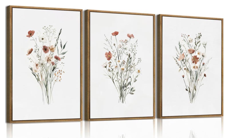 KISSFOX Framed Wildflower Wall Art Vintage Floral Canvas Wall Art Flower Pictures Wall Decor Watercolor Daisy Botanical Paintings Set of 3 for Bedroom Bathroom Living Room