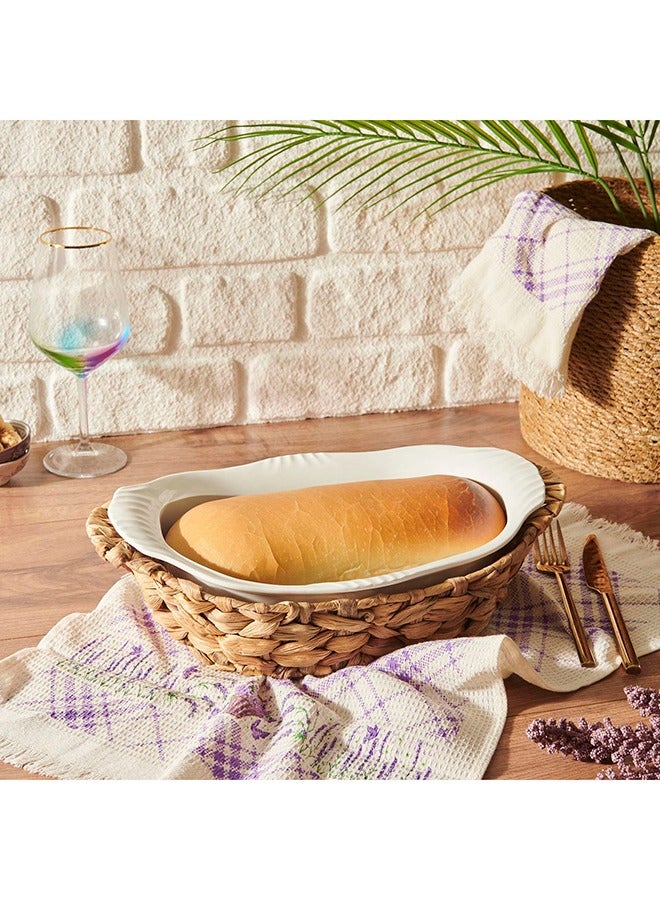 بين سيرفي طبق تقديم سيراميك بيضاوي قطعتين مع سلة خيزران أبيض وبني - Image 2
