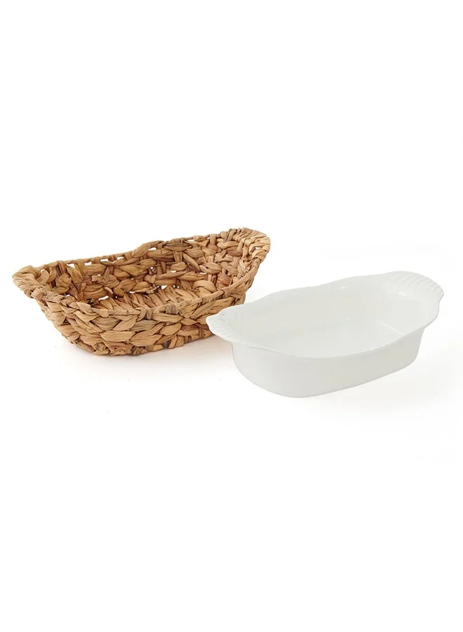 Bien Servi 2-Piece Ceramic Oval Serving Dish With Rattan Basket White And Brown 31.5X20.5X7.2cm Hm0607-Pl