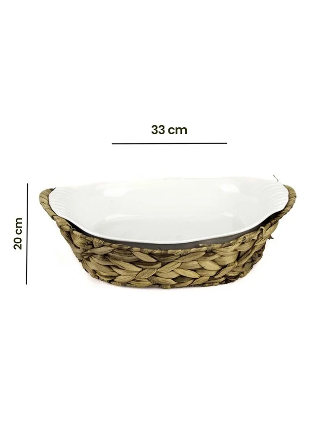 Bien Servi 2-Piece Ceramic Oval Serving Dish With Rattan Basket White And Brown 31.5X20.5X7.2cm Hm0607-Pl