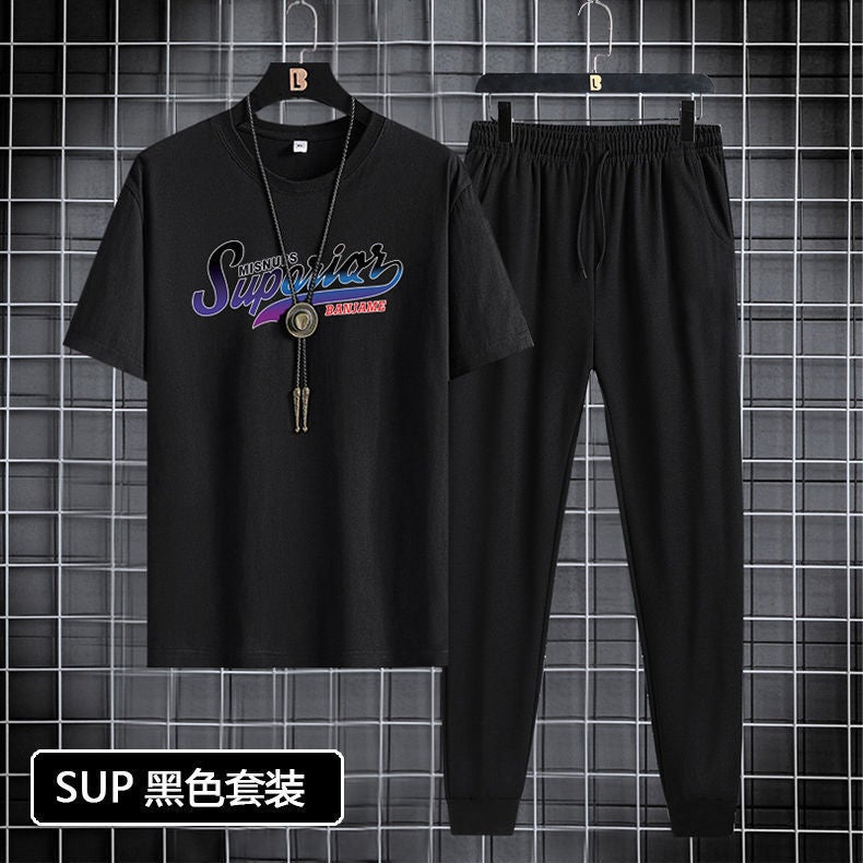 Short-sleeved trousers suit men's 2024 New Youth Men's sports casual round neck trendy printed two-piece suit - Image 5