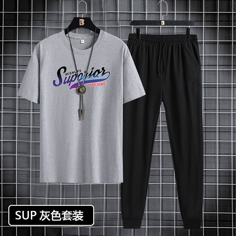 Short-sleeved trousers suit men's 2024 New Youth Men's sports casual round neck trendy printed two-piece suit - Image 4