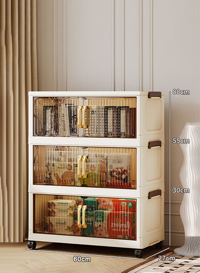 كوزينيست خزانة تخزين بلاستيك قابلة للطي من 3 طبقات مع مقابض وأبواب مزدوجة وعجلات، عرض 60 سم، منظم قابل للتكديس للملابس والألعاب والمفروشات ولوازم المكتب - Image 1