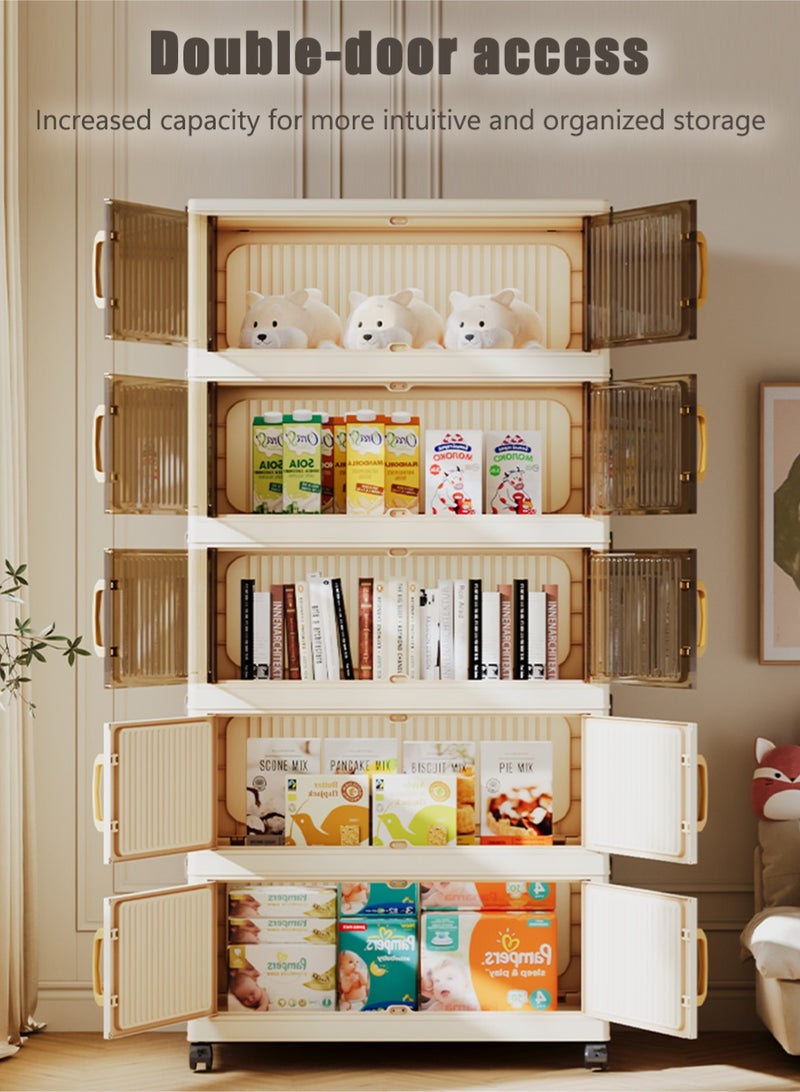 كوزينيست خزانة تخزين بلاستيك قابلة للطي من 3 طبقات مع مقابض وأبواب مزدوجة وعجلات، عرض 60 سم، منظم قابل للتكديس للملابس والألعاب والمفروشات ولوازم المكتب - Image 2