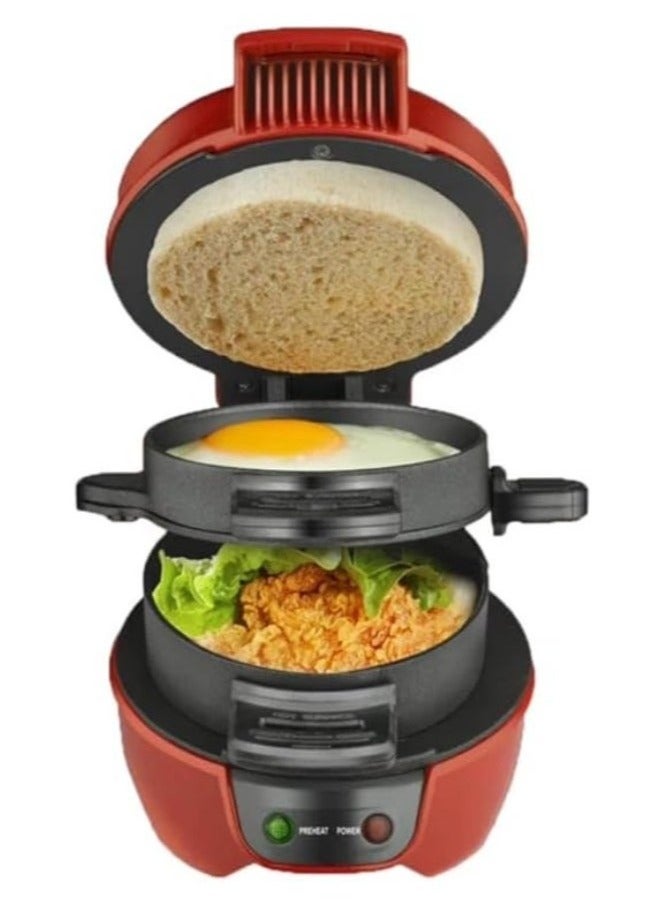 Large 3-in-1 Burger Press, Sandwich & Waffle Maker – Multifunctional Breakfast Machine for Home, Red - Image 3