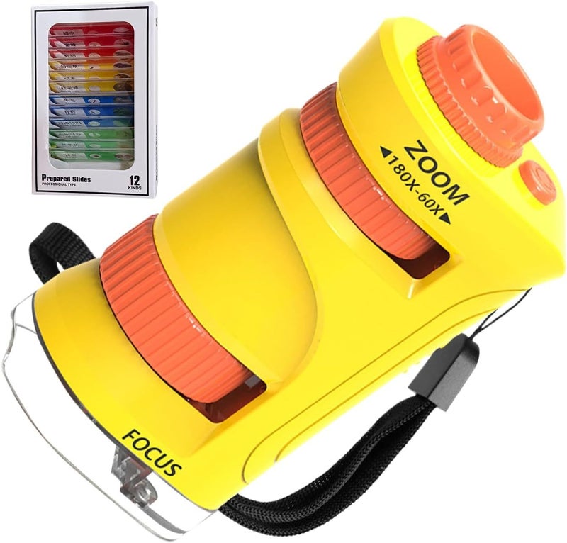 Kids Microscope Portable Pocket Mini Microscope 60 80x Zoom Magnification with 12pcs Slides Educational Scientific Toy for Camping School Classroom Preschool Yellow - Image 1