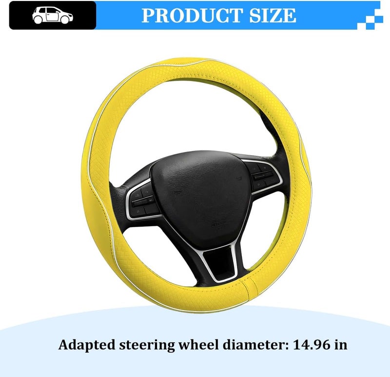 FALVFUN Car Steering Wheel Cover, 14.5-15" Soft Leather Non-Slip Embossed Steering Wheel Protector, Sporty Comfortable Automotive Interior Decor Accessories, Universal Fit (Yellow/White) - Image 2