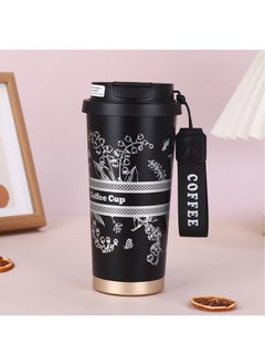 500ML/17oz Flower Insulation Mugs with Sealing Cap 316 Stainless Steel Vacuum Double Wall Insulation Bottle Insulation Bottle Milk Coffee Cup Business Travel Leisure Water Cup (Black)