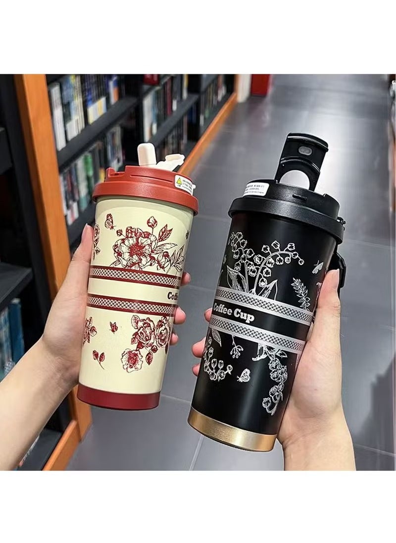 Arabest - 500ML/17oz Flower Insulation Mugs with Sealing Cap 316 Stainless Steel Vacuum Double Wall Insulation Bottle Insulation Bottle Milk Coffee Cup Business Travel Leisure Water Cup (Black) - Image 1