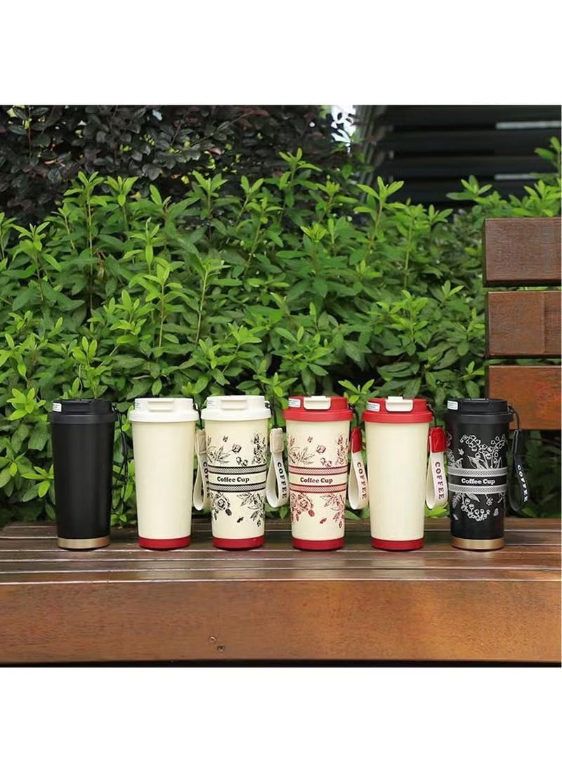 Arabest - 500ML/17oz Flower Insulation Mugs with Sealing Cap 316 Stainless Steel Vacuum Double Wall Insulation Bottle Insulation Bottle Milk Coffee Cup Business Travel Leisure Water Cup (Black) - Image 1