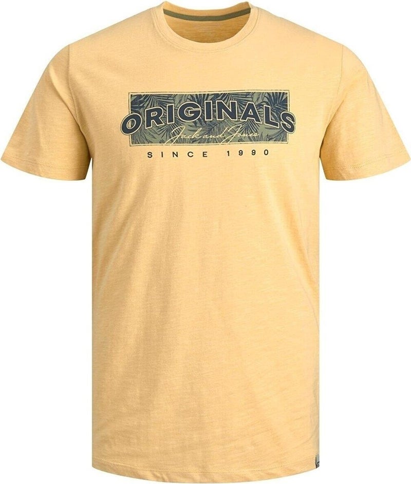 Jack Jones 12205787_Jorbloomer Branding Tee Crew Neck Standard Pattern Printed Yellow Men's T-Shirt 