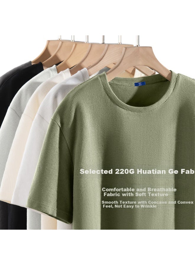 Geniolamode Men's Short Sleeve T-shirt Summer Casual Loose-fit Heavyweight Waffle Grid Round Neck Tee Light Beige XL - Image 1