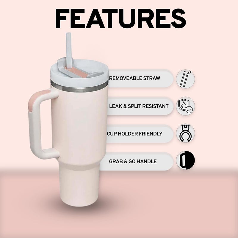 DISONE 1200ML Tumbler with Handle and Straw Lid 2in1 Stainless Steel Vacuum Insulated for Hot and Cold Beverages Travel Mug Gift for Car Gym Camp Home OfficeRose Cream - Image 3