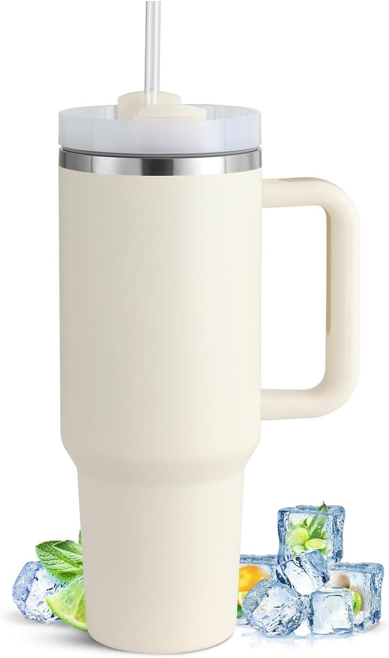 DISONE 1200ML Tumbler with Handle and Straw Lid 2in1 Stainless Steel Vacuum Insulated for Hot and Cold Beverages Travel Mug Gift for Car Gym Camp Home OfficeRose Cream - Image 1