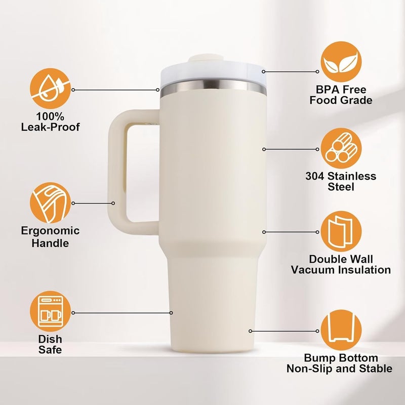 DISONE 1200ML Tumbler with Handle and Straw Lid 2in1 Stainless Steel Vacuum Insulated for Hot and Cold Beverages Travel Mug Gift for Car Gym Camp Home OfficeRose Cream - Image 2