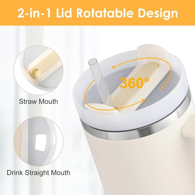 DISONE 1200ML Tumbler with Handle and Straw Lid 2in1 Stainless Steel Vacuum Insulated for Hot and Cold Beverages Travel Mug Gift for Car Gym Camp Home OfficeRose Cream - Image 4