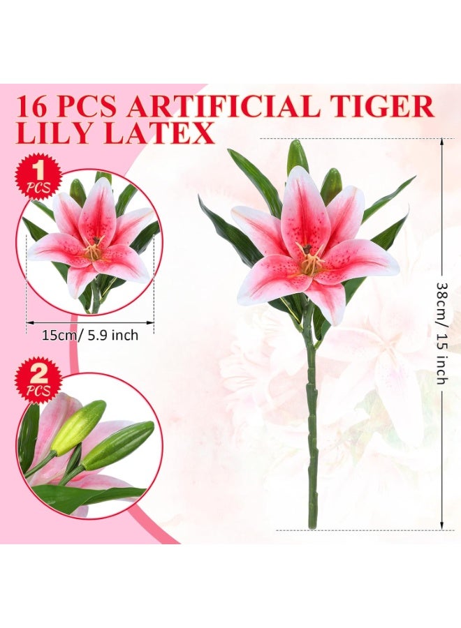 16 قطعة زهور زنابق النمر الصناعية ليوم الأم، زنابق لمسة حقيقية من اللاتكس، باقة زهور صناعية من اللاتكس مع أعمدة لتزيين المنزل أو الهدايا، عيد ميلاد (وردي وأخضر) - Image 2