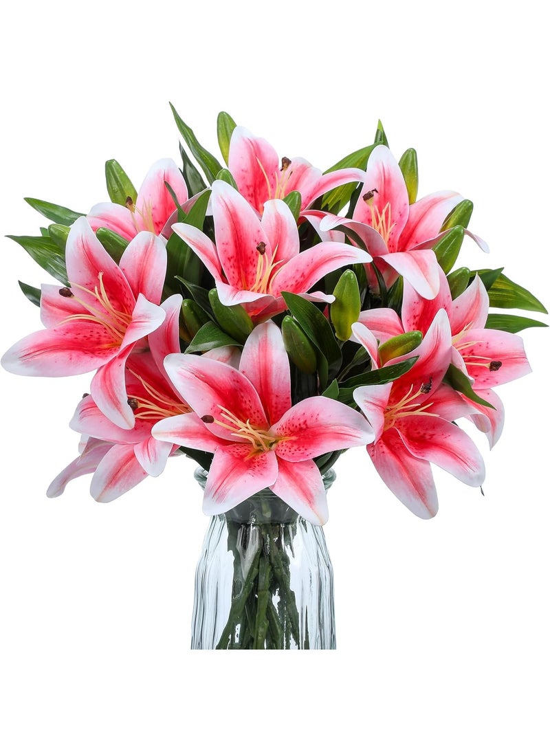 16 قطعة زهور زنابق النمر الصناعية ليوم الأم، زنابق لمسة حقيقية من اللاتكس، باقة زهور صناعية من اللاتكس مع أعمدة لتزيين المنزل أو الهدايا، عيد ميلاد (وردي وأخضر) - Image 1