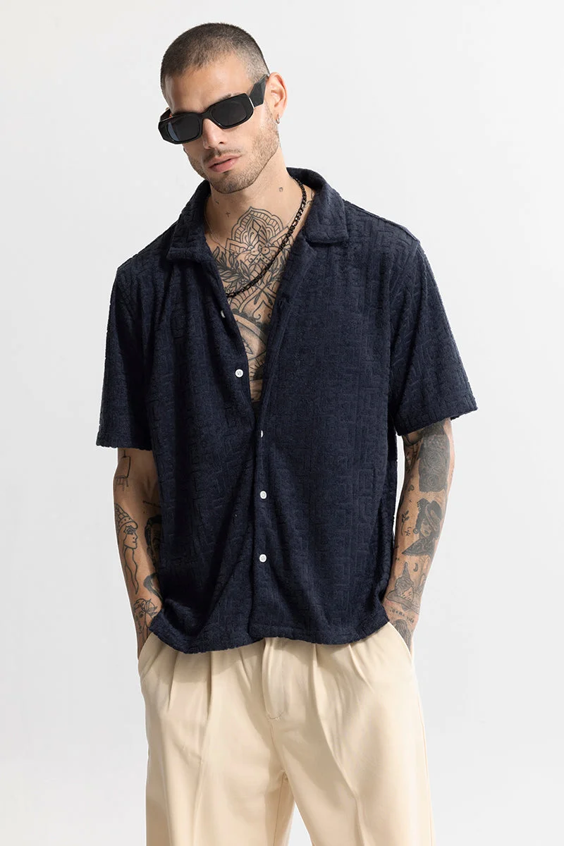 Navy Textured Half Sleeve Boxy Shirt