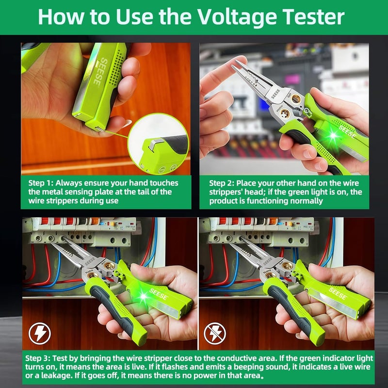 SEESE 8-in-1 Wire Stripper for Electrician: Needle Nose Pliers with Voltage Tester & Dual Alarms - Electrical Pliers for Cutting Wires, Pulling Wires and Crimp Wires - Image 3