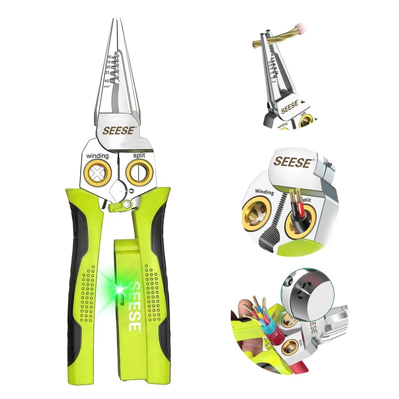 SEESE 8-in-1 Wire Stripper for Electrician: Needle Nose Pliers with Voltage Tester & Dual Alarms - Electrical Pliers for Cutting Wires, Pulling Wires and Crimp Wires - Image 1