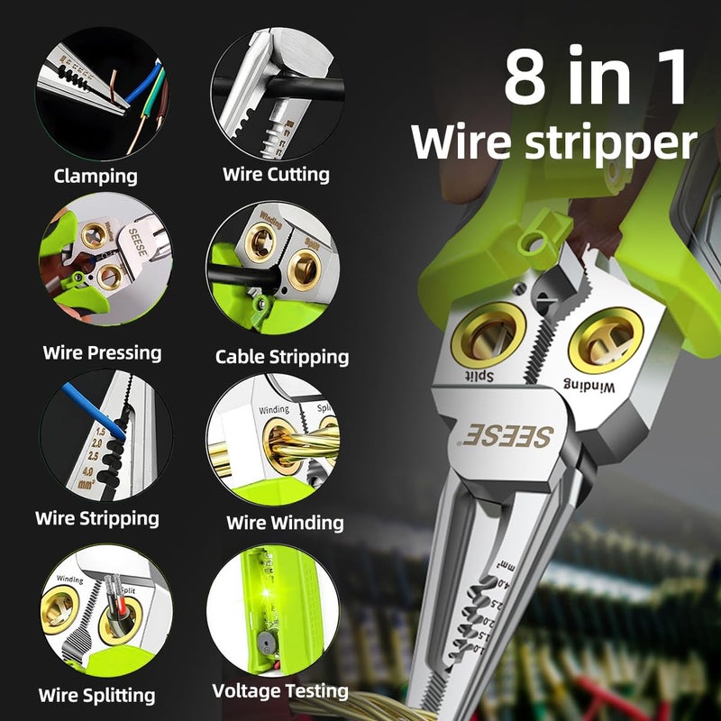 SEESE 8-in-1 Wire Stripper for Electrician: Needle Nose Pliers with Voltage Tester & Dual Alarms - Electrical Pliers for Cutting Wires, Pulling Wires and Crimp Wires - Image 4